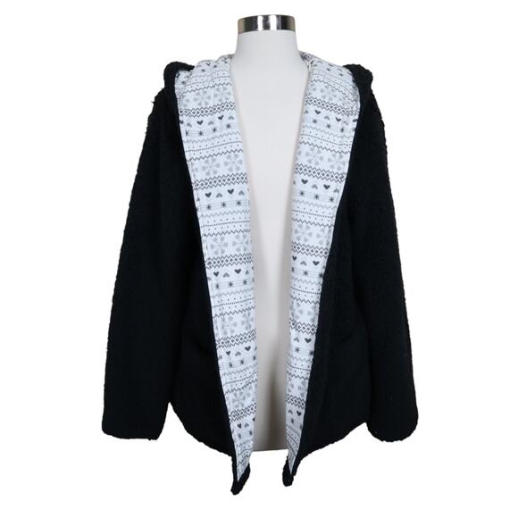 MUK LUKS Womens Sherpa Wrap Size Large Black Teddy Jacket Lined Fair Isle QVC - Picture 1 of 12